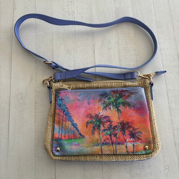 Leoma Lovegrove Vegan Leather & Straw Purse Crossbody with a palm tree beach - Picture 2 of 8